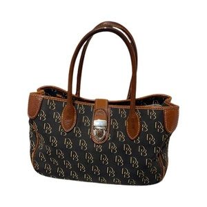 Vintage Dooney & Bourke Black & Tan Canvas with Brown Leather Tote Bag w Clasp